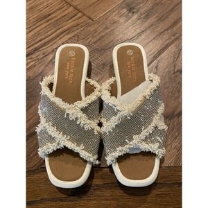 Bernie Mev New York Women's Slide Sandals Rhinestone Tweed Ivory Sz 7